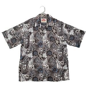 North‎ Shore Surf Mens Large Button Up Hawaiian Shirt Nylon Gray White Blue USA